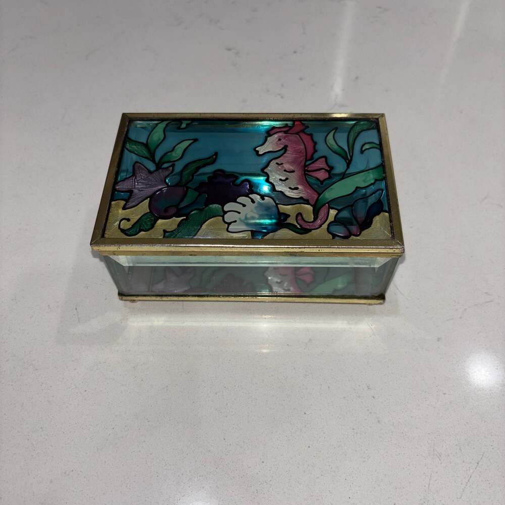 Joan Baker Designs Hand-Painted Stained Glass Trinket Box with Seahorse Design